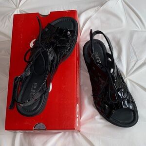 Ara Women's Black Patent Lace-Up Slingback Sandals size 38 US 7 1/2